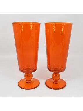 Mid Century Orange Glass VTG Water Goblet Bubble Knob Stem 7" GLOWS Set of 2 A
